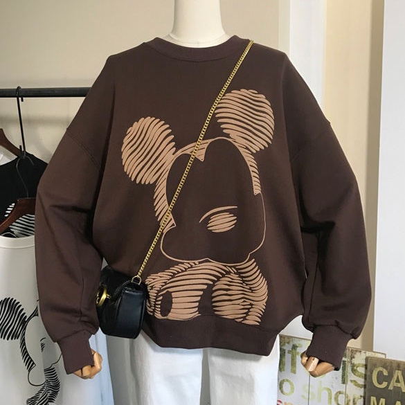 Áo Sweater Tay Dài Cổ Tròn Dáng Rộng In Họa Tiết mickey Dễ Thương Cho Nữ