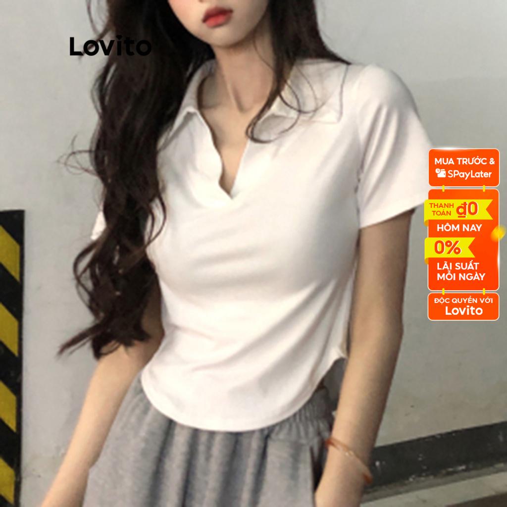Áo thun Polo Lovito màu trơn lai áo bất đối xứng thời trang thường ngày cho nữ Nữ LNE13020 (Trắng)