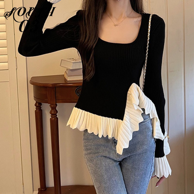 Áo sweater Dệt Kim Mỏng Tay Dài Cổ Vuông Thời Trang Thu Đông Phong Cách Pháp Mới Cho Nữ