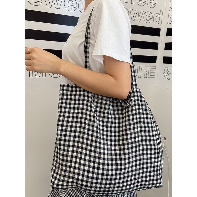 Túi Xách Vải Lanh cotton Họa Tiết Sọc Caro Phong Cách vintage