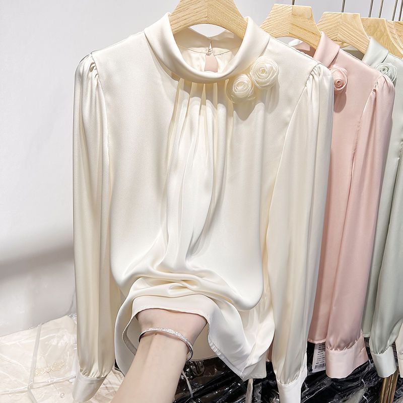 Áo Sơ Mi Cổ Đứng Màu Trơn Họa Tiết Hoa Ba Chiều Cho Nữ
