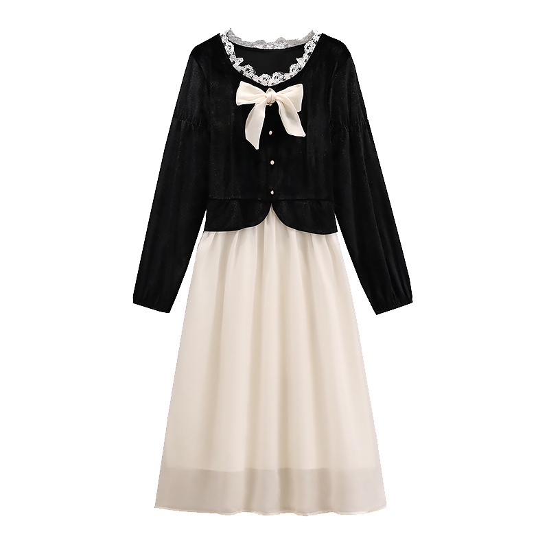 🌸Hàng Order🌸Váy Bigsize Nhung Đính Nơ Cổ Ren Đính Cúc Ngọc Phối  Váy Voan Tiểu Thư Nữ Tính🌸Hàng Quảng Châu