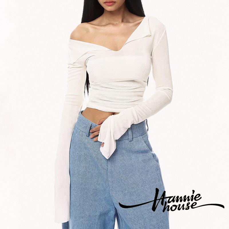 Hannie-áo crop Top Dài Tay Xếp Nếp Màu Trơn Cho Nữ