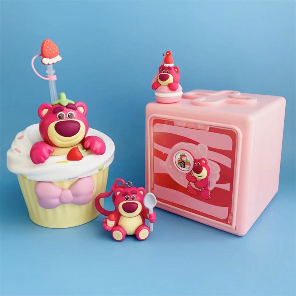 Bình Nước Hình Gấu Dâu Tây Hoạt Hình disney Dễ Thương Có Ống Hút Dưới Dâu Tây