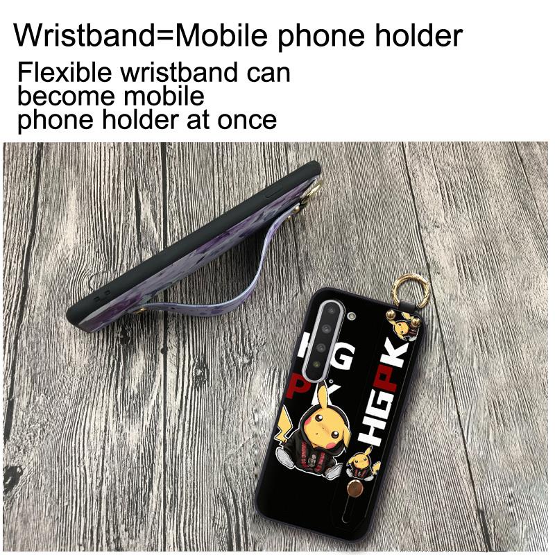 Anti-knock Anti-dust Phone Case For Sharp Aquos R5G Cartoon Wristband Silicone Kickstand Wrist Strap Durable Fashion Design