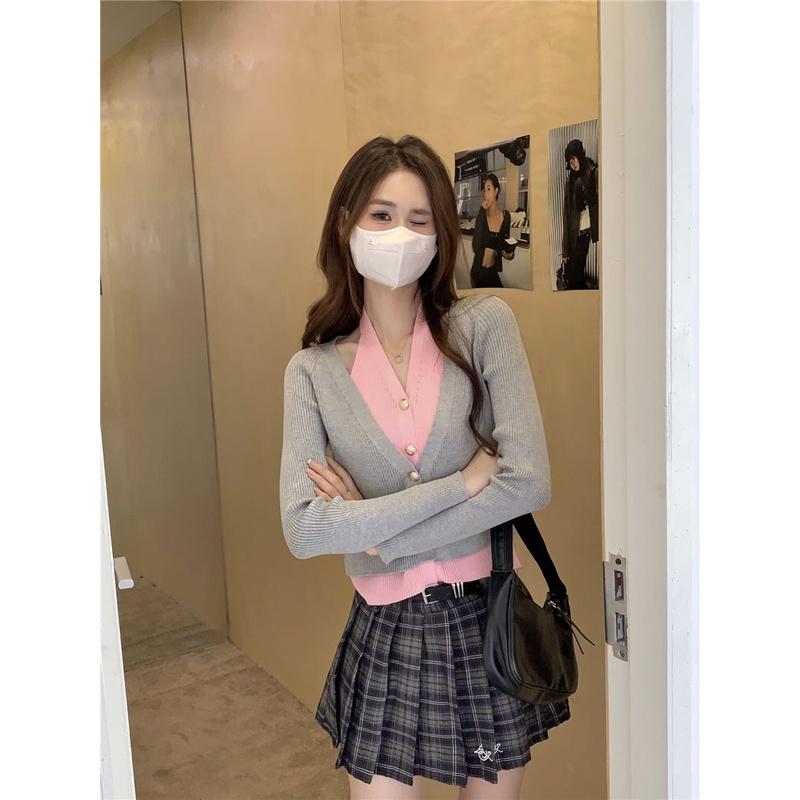 Áo cardigan Cổ Chữ v Tay Dài Giả Hai Lớp Màu Sắc Tương Phản Thời Trang Mùa Thu Cho Nữ