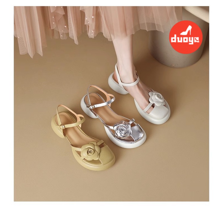 Duoya Tóc Thẳng ~  Giày Sandal Da Mềm Mũi Tròn Đính Hoa Thời Trang Mùa Hè Dày Thoải Mái Cho Nữ Miễn Phí Vận Chuyển