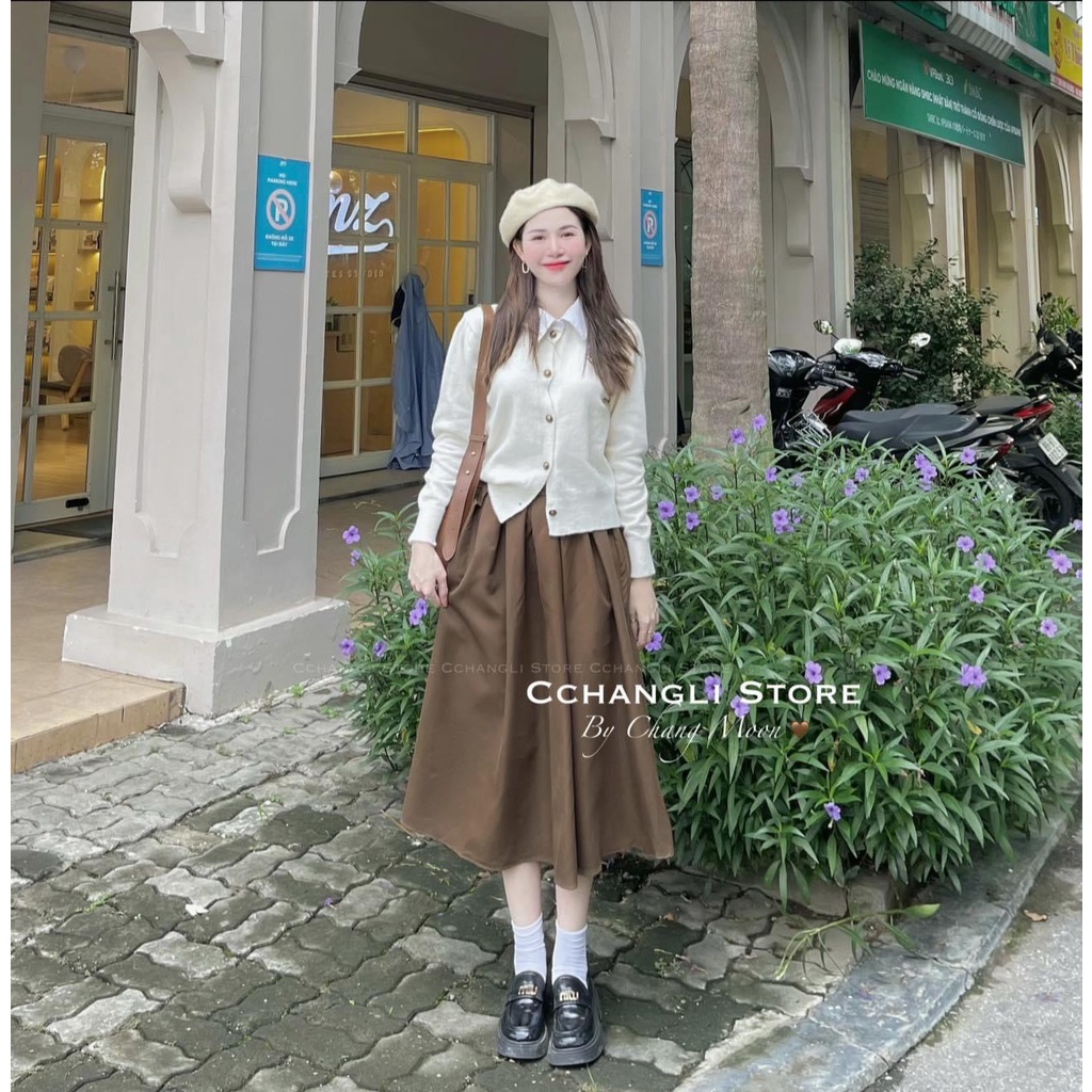 Set áo nude kem cổ sơmi nút đồng+chân váy midi nâu