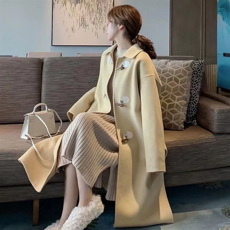 TINGYAXIU Áo Khoác Len Dáng Rộng Dài Trung Bình Cài Nút Sừng Thời Trang Cho Nữ