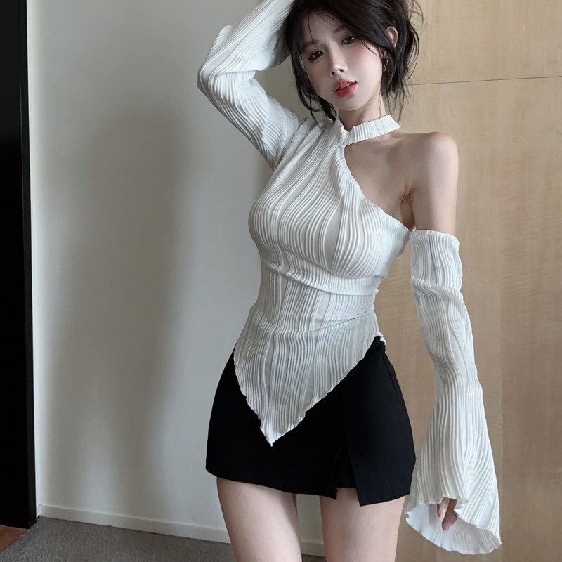Áo Thun Tay Dài Hở Vai Mùa Thu Đông Phong Cách Mới Đa Năng Hình Cô Gái Nóng Bỏng Màu Trắng Không Đối Xứng Phong Cách Mới