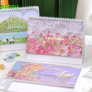 Pinou lịch 2024 để bàn lên kế hoạch lịch lịch để bàn dạng lật in hình tranh sơn dầu kawaii