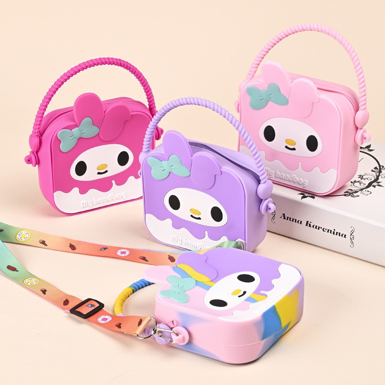 Túi xách silicon hình thỏ tai dài melody 2 trong 1 cầm tay đeo chéo thời trang đựng bao bì lì xì, mỹ phẩm