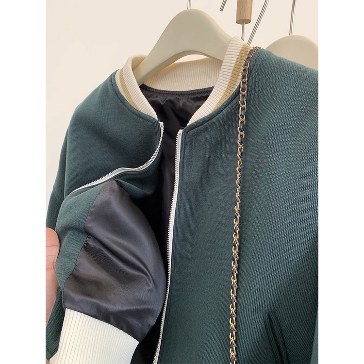 Áo Khoác Bóng Chày Dáng Ngắn Màu Đen Phong Cách retro Cho Nữ