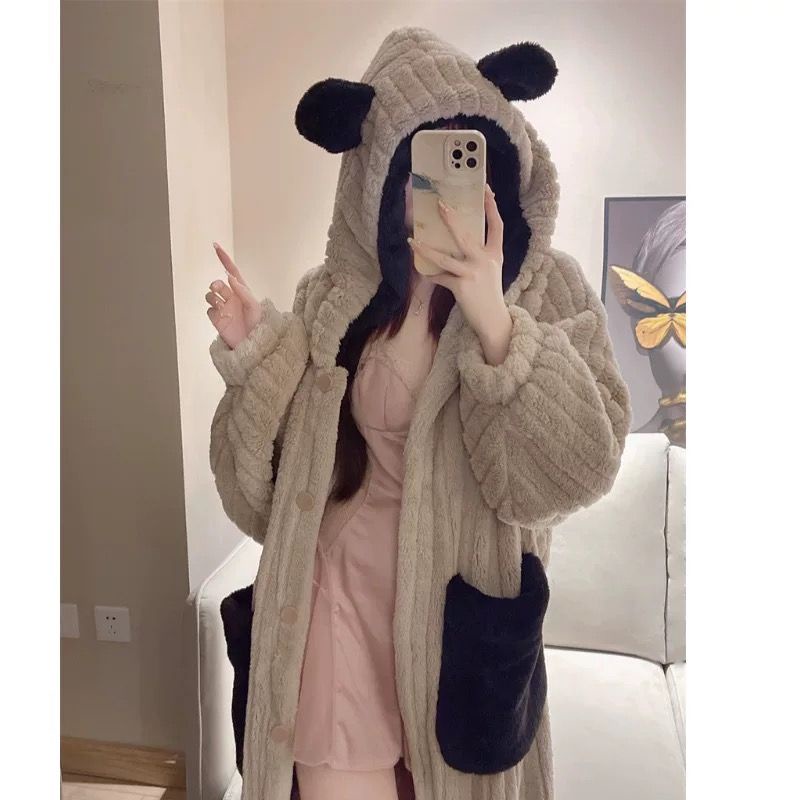 Áo Choàng Ngủ Dáng Dài Bằng Vải Lông Cừu San Hô Có Mũ Trùm Thời Trang Thu Đông Cho Nữ