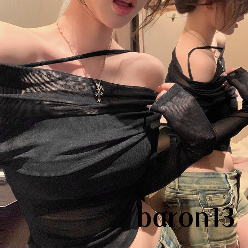 Xo8k-bộ 2 Món Áo Tay Dài Hở Vai Cổ Yếm Xuyên Thấu Cơ Bản Dành Cho Bạn Nữ