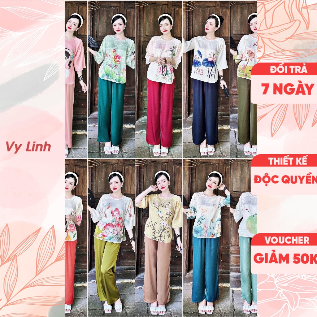 Bộ đồ quần dài tay lửng Vy Linh chất liệu lụa xước phối latin đính ngọc mặc thoáng mát, thấm hút mồ hôi S997