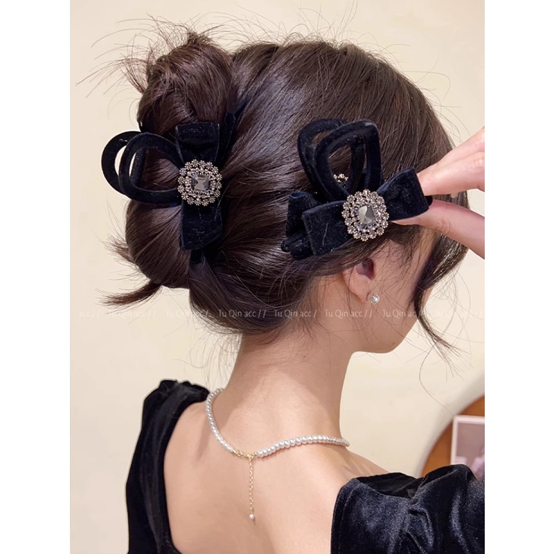 Kẹp Tóc Nơ Nhung Đính Đá Thời Trang Thu Đông