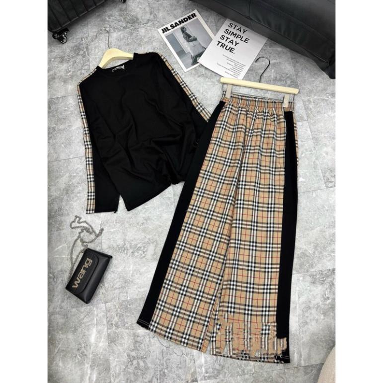 Set Bộ Trơn Áo Dài Tay Mix Quần Kẻ Caro Trẻ Trung Bộ Dài Đẹp Cho Nam Nữ