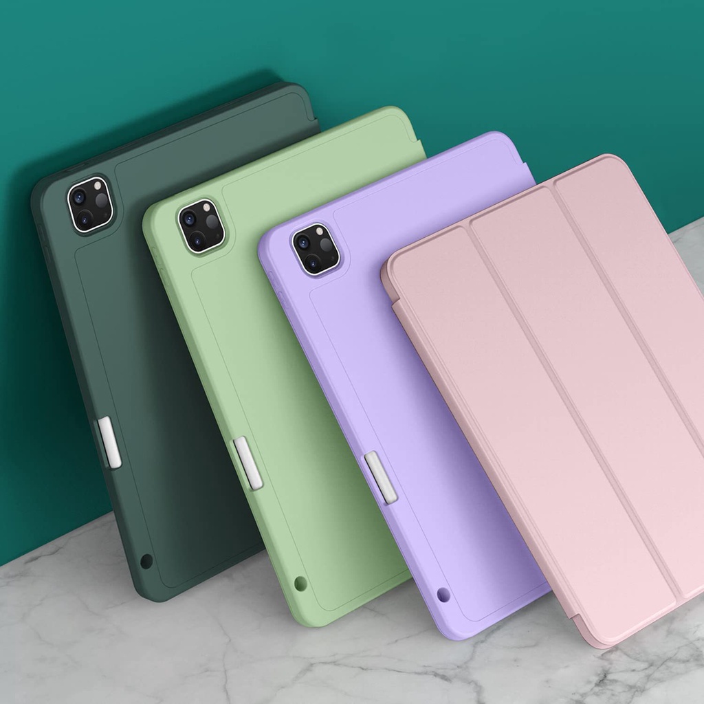 Bao da iPad Full Silicon, khay đựng bút bên phải, màu Pastel, mặt lưng silicon không ố vàng, góc chống sốc bảo vệ máy