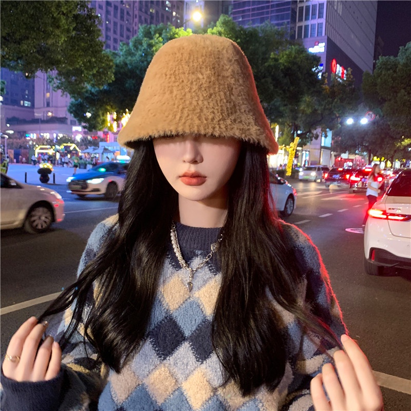 Nón Tai Bèo Phủ Lông Giữ Ấm Màu Trơn Phong Cách Nhật Bản Thời Trang Thu Đông Dành Cho Nữ Đen