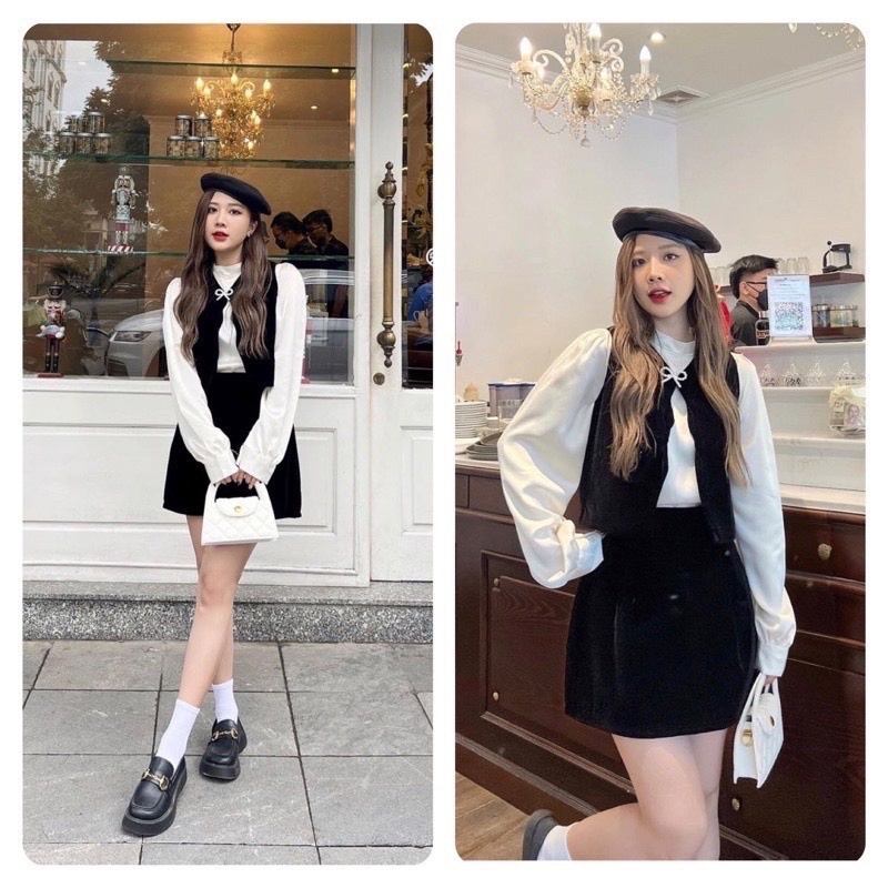 Set 3 món áo sơ mi mix ghile và chân váy nhung - Calina.vn