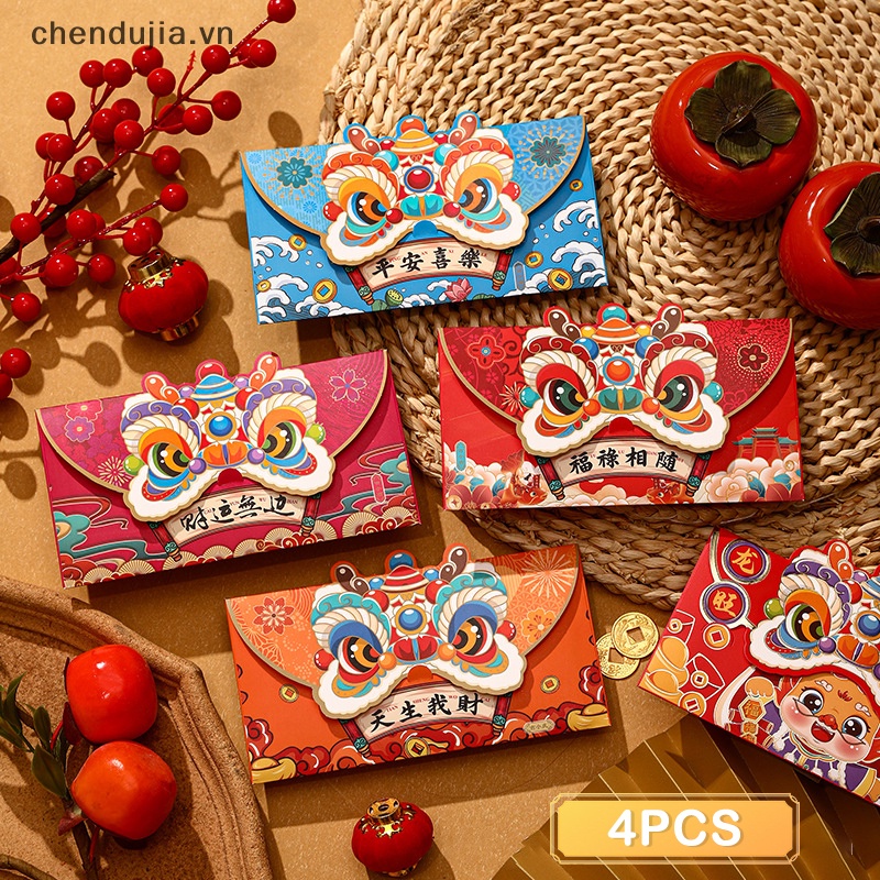 Bộ 4 Bao Lì Xì Hình Rồng Đỏ May Mắn Cho Năm Mới 2024 vn
