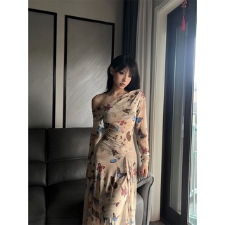 Đầm Dài Ôm Eo Hở Vai In Họa Tiết Bướm Phong Cách Hoàng Gia Pháp Thời Trang Mùa Thu Hàng Mới Dành Cho Bạn Nữ