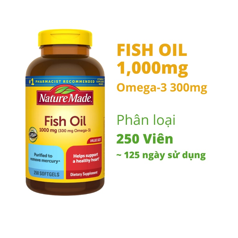 Dầu cá Nature Made Fish Oil 1000mg (300mg Omega-3) 250 hỗ trợ tim mạch, huyết áp trí não  Extate Official Mall