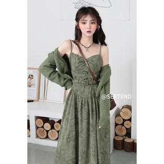 Set đầm hoa và áo khoác cardigan dệt kim thời trang nữ tính