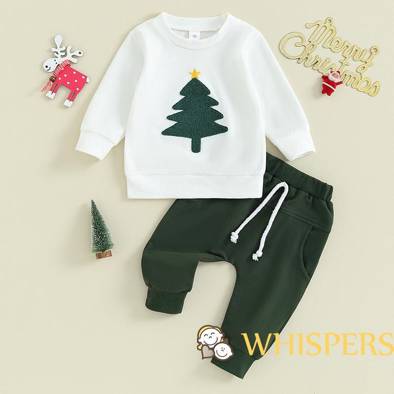 Bộ Áo Sweater Tay Dài Thêu Hình Cây Thông Giáng Sinh + Quần Dài Màu Trơn Thời Trang Cho Bé Trai Từ 0-3 Tuổi
