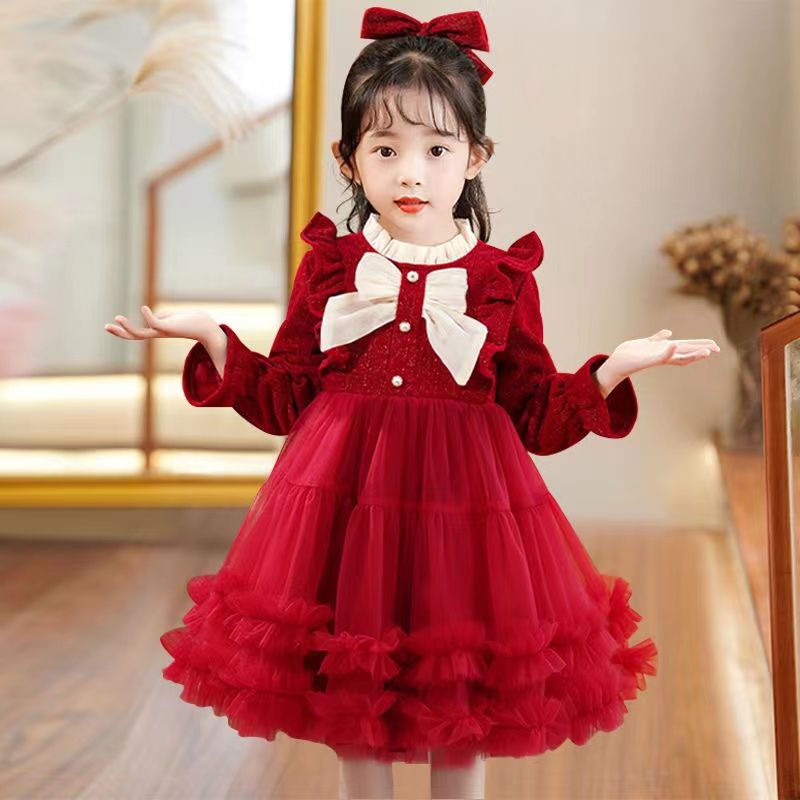 Đầm Công Chúa Chất Nhung Đính Nơ Thời Trang Thu Đông Xinh Xắn Cho Bé Gái