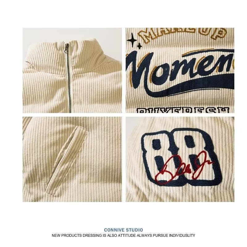 TIDE BEAR Áo Khoác cotton Nhung Kẻ Cổ Đứng Thêu Hình Gấu Phong Cách Hàn Quốc Chất Lượng Cao Giữ Ấm Mùa Đông Cho Nam Và Nữ