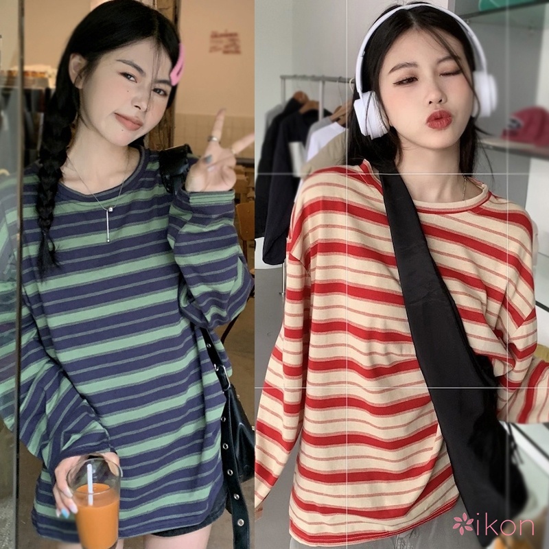 Áo Thun Tay Dài Cổ Tròn Họa Tiết Kẻ Sọc Màu Tương Phản Dành Cho Nữ