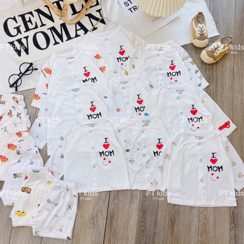 Bộ dài tay cài thẳng trắng hoạ tiết Pjkids chất thun lạnh loại 1 cho bé