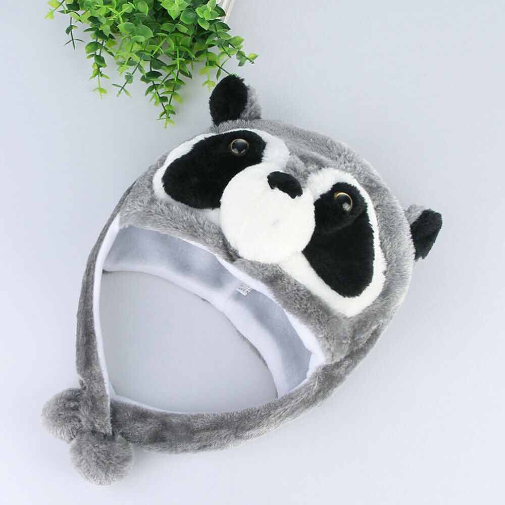 Raccoon cartoon plush hat with long ear strap, animal hat with hood, women's winter warm hat