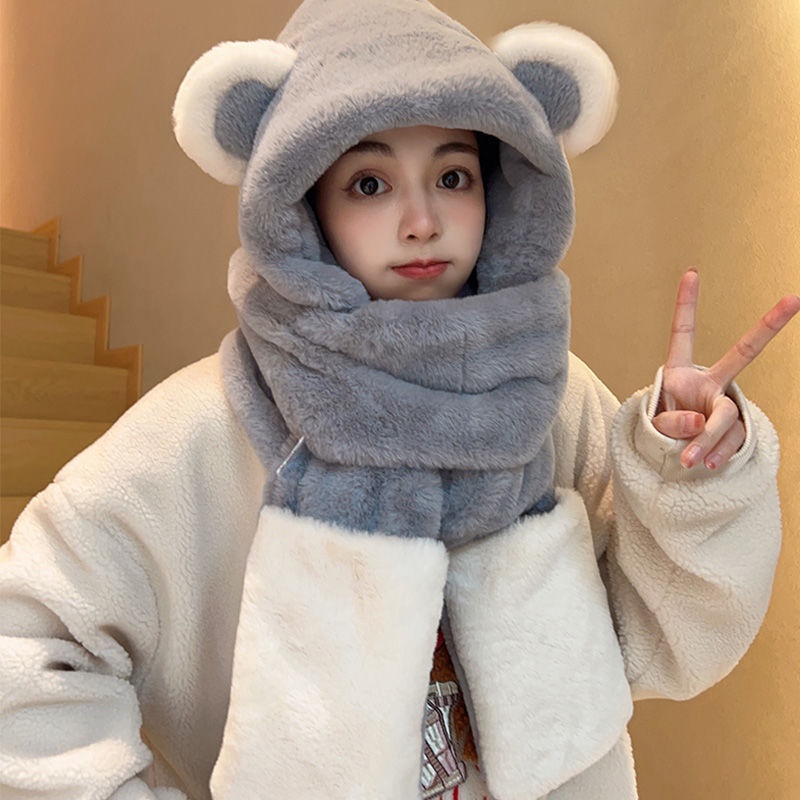 PVN62053 Khăn bông kèm mũ tai gấu hàng quảng châu chất len lông mịn cao cấp T2