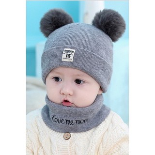 Set Mũ Len Quả Bông Kèm Khăn Ống Cho Bé