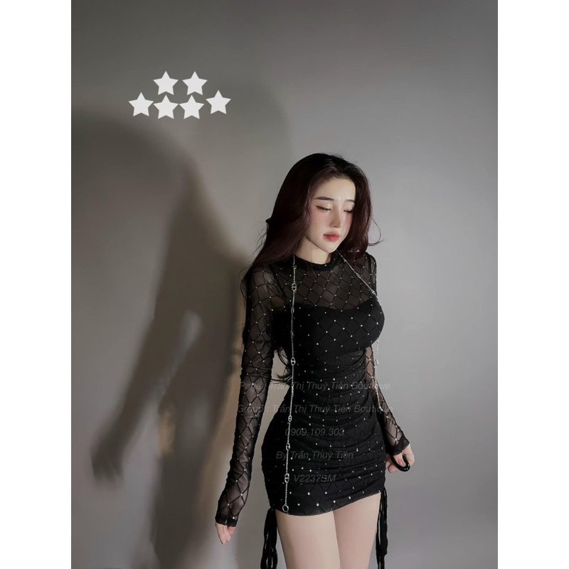 Hình thật sàn Đầm Body Thun Lưới Tay Dài Phối Lông Cổ Lọ Đính Đá Dáng Ngắn Nhún Thân siêu hot alohastore1
