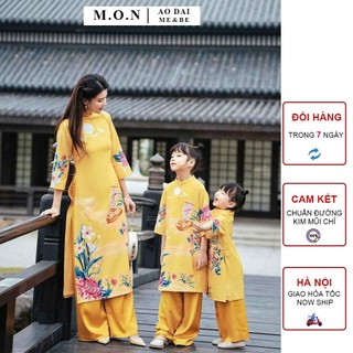 Set áo dài mẹ bé dư niên tơ 4 tà cao cấp vàng