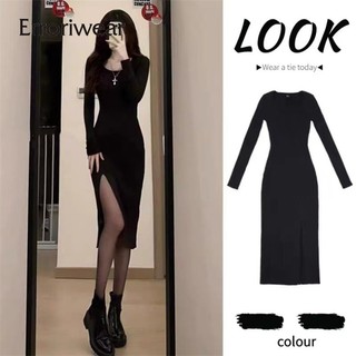 Eroriwear Đầm Ôm Dáng Tay Dài Xẻ Tà Màu Đen Thời Trang 2024 Cho Nữ