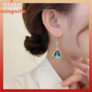 Bạc Kim Pháp Retro Tam Giác Xanh Pha Lê Zircon Bông Tai Nhẹ Sang Trọng Tính Khí Bông Tai