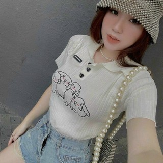 Áo polo nữ tay ngắn phối nút in hình, Áo croptop nữ ôm body cổ trụ in hình cún dễ thương thoitrangteen00