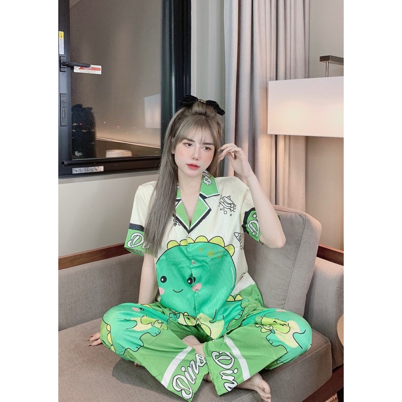 Bộ ngủ lụa xước pijama nữ hình khủng long mặc nhà cute dễ thương Freesize 35-58kg - COMEL