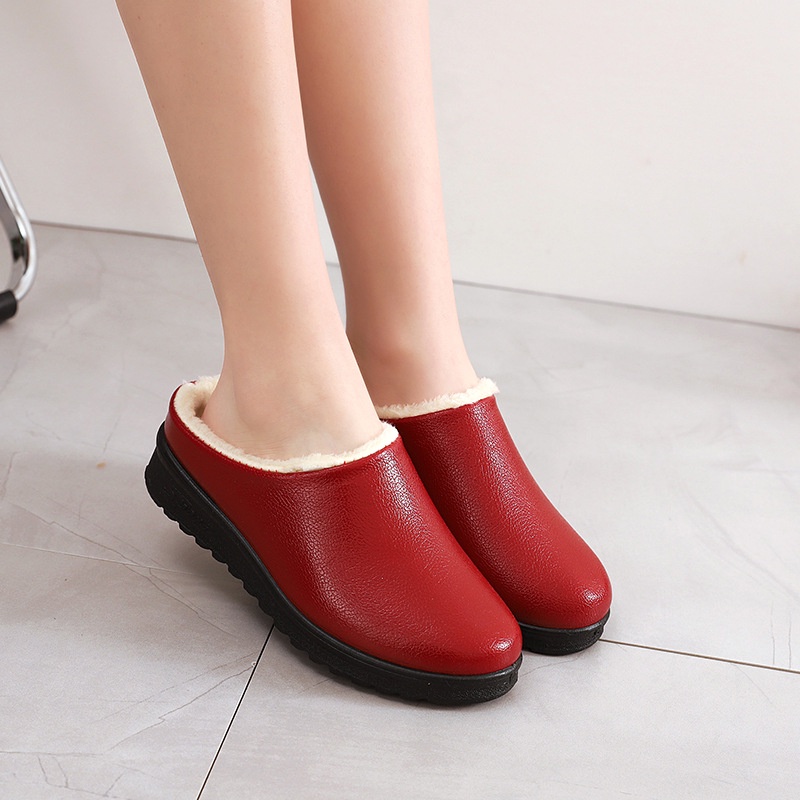Dép cotton Giả Da pu Lót Lông Cừu Giữ Ấm Thoải Mái Chống Trượt Chống Thấm Nước Thời Trang Thu Đông Mới Cho Nữ