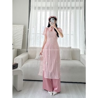 Set áo dài cách tân tơ hồng thêu hoa thiết kế ZOMI Z044
