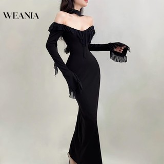 Đầm Dài Tay Phối Lưới Trễ Vai Kèm Choker Thời Trang Cho Nữ