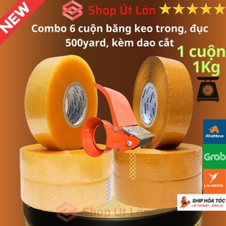 Combo 6 cuộn băng keo trong, đục 500yard, 1 cuộn 1kg, lõi 5mm, kèm dao cắt băng keo