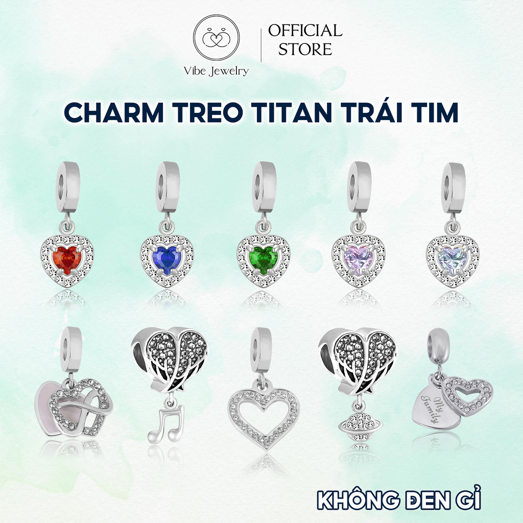 Charm vòng tay dạng treo hình trái tim đá nhiều màu, hạt xỏ vòng tay charm Pan titan không đen gỉ