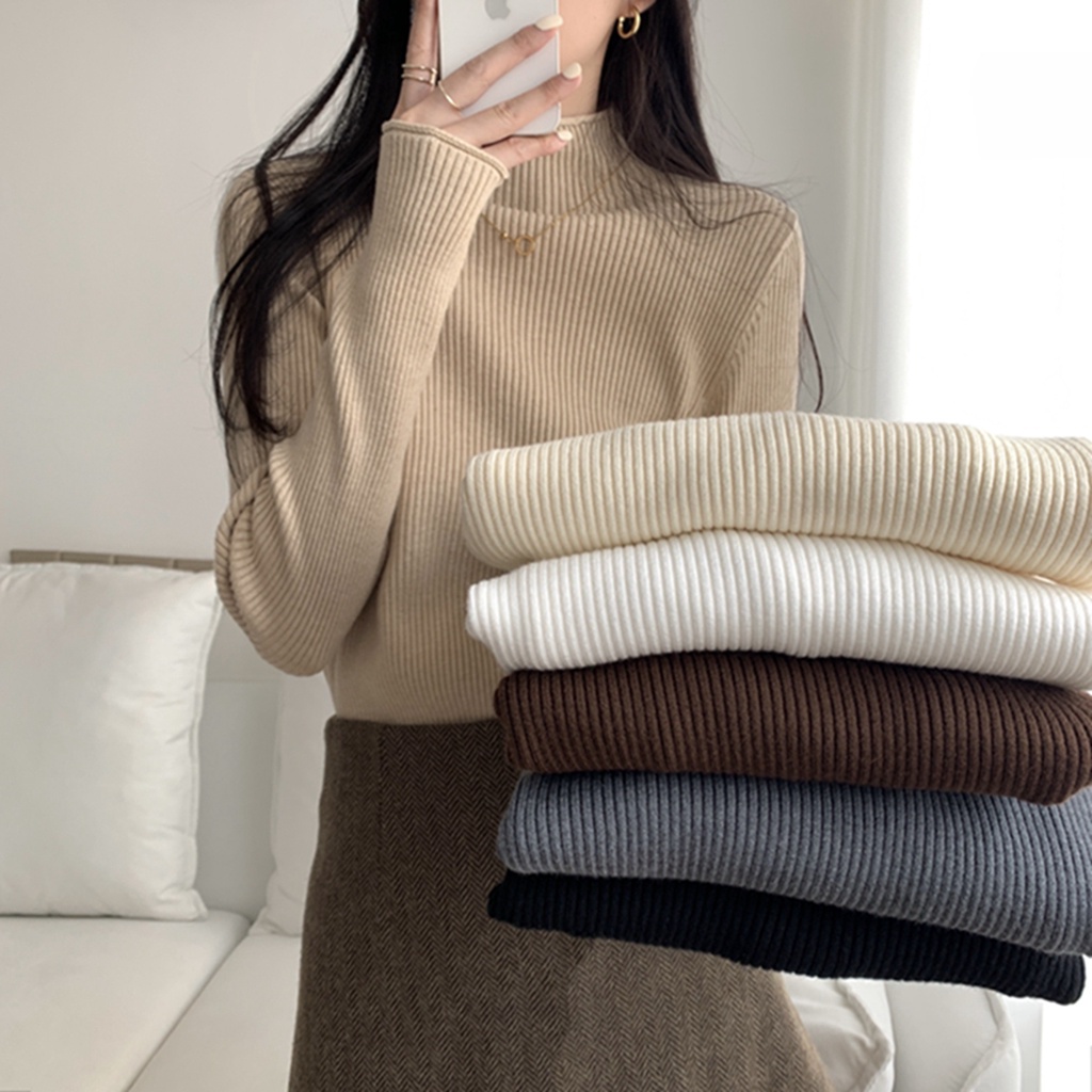 Suxi Đơn Giản Thu Đông Thời Trang Mới Slim Fit Nửa Cổ Cao Tay Dệt Kim Nữ
