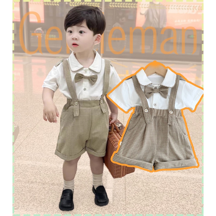 Bộ Áo Sơ Mi polo Màu Trắng + Quần Yếm Ngắn Họa Tiết Sọc Caro Thời Trang Mùa Hè Cho Bé Trai 1-3 Tuổi